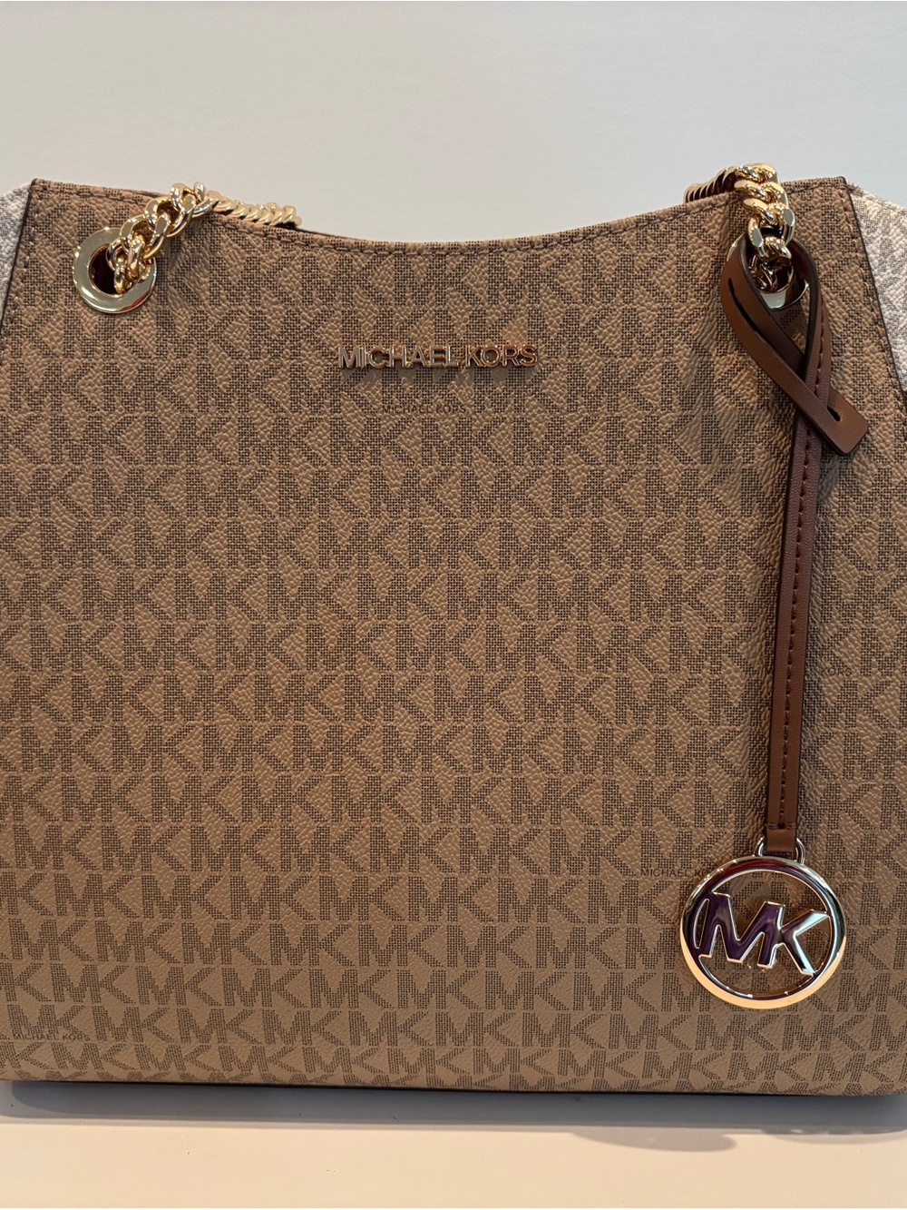 Michael Kors Tan MK Monogram Shoulder Bag with Gold Hardware